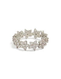 Showcasing a cubic zirconia flower band ring in statement style, silver and clear front view - link has visual effect only