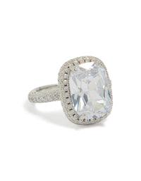 Showcasing a statement ring with cushion cut cubic zirconia crystal centerstone, halo setting, and silver band front view - link has visual effect only