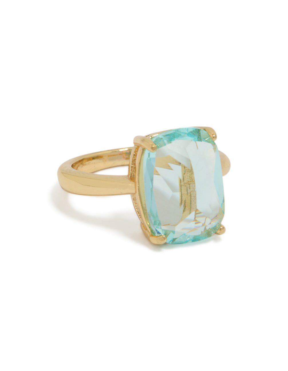 Showcasing a gold plated classic square statement ring featuring aqua cubic zirconia crystal front view