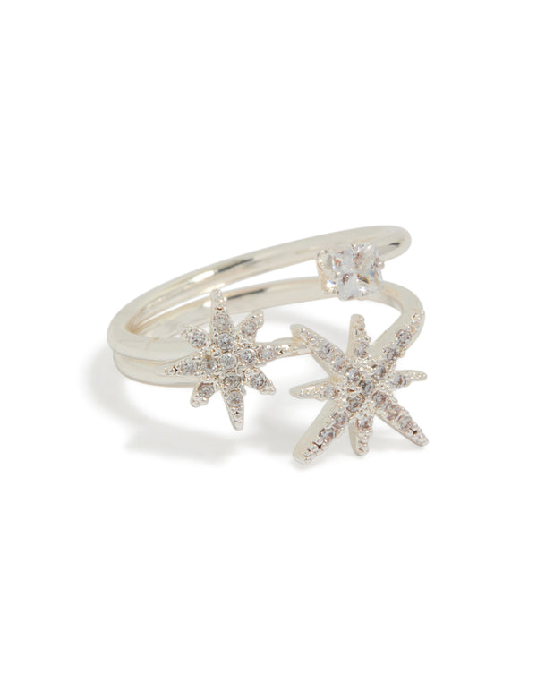 Showcasing a celestial stone ring crafted from silver plated cubic zirconia front view
