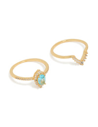 Elegant gold plated cubic zirconia pear and crown stacking rings 2-pack with crystal featuring white aqua tones front view - link has visual effect only