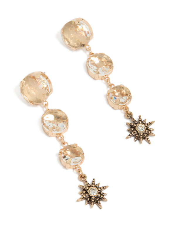 Gold Triple Jewel Drop Earrings
