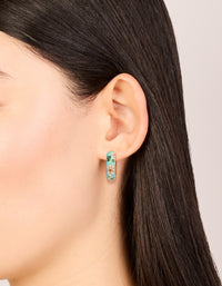 Gold Light Blue Enamel Pink Flower Print Thick Huggie Earrings - link has visual effect only