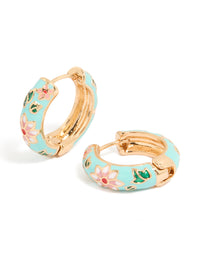 Featuring thick gold huggie earrings with light blue enamel, floral detailing, leaf accents in turquoise, pink and green front view - link has visual effect only