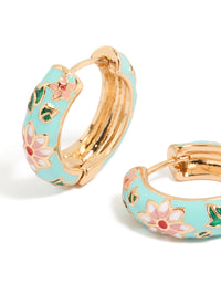 Elegant thick gold huggie earrings adorned with light blue enamel, floral print, leaf motifs in turquoise, pink and green close up view - link has visual effect only