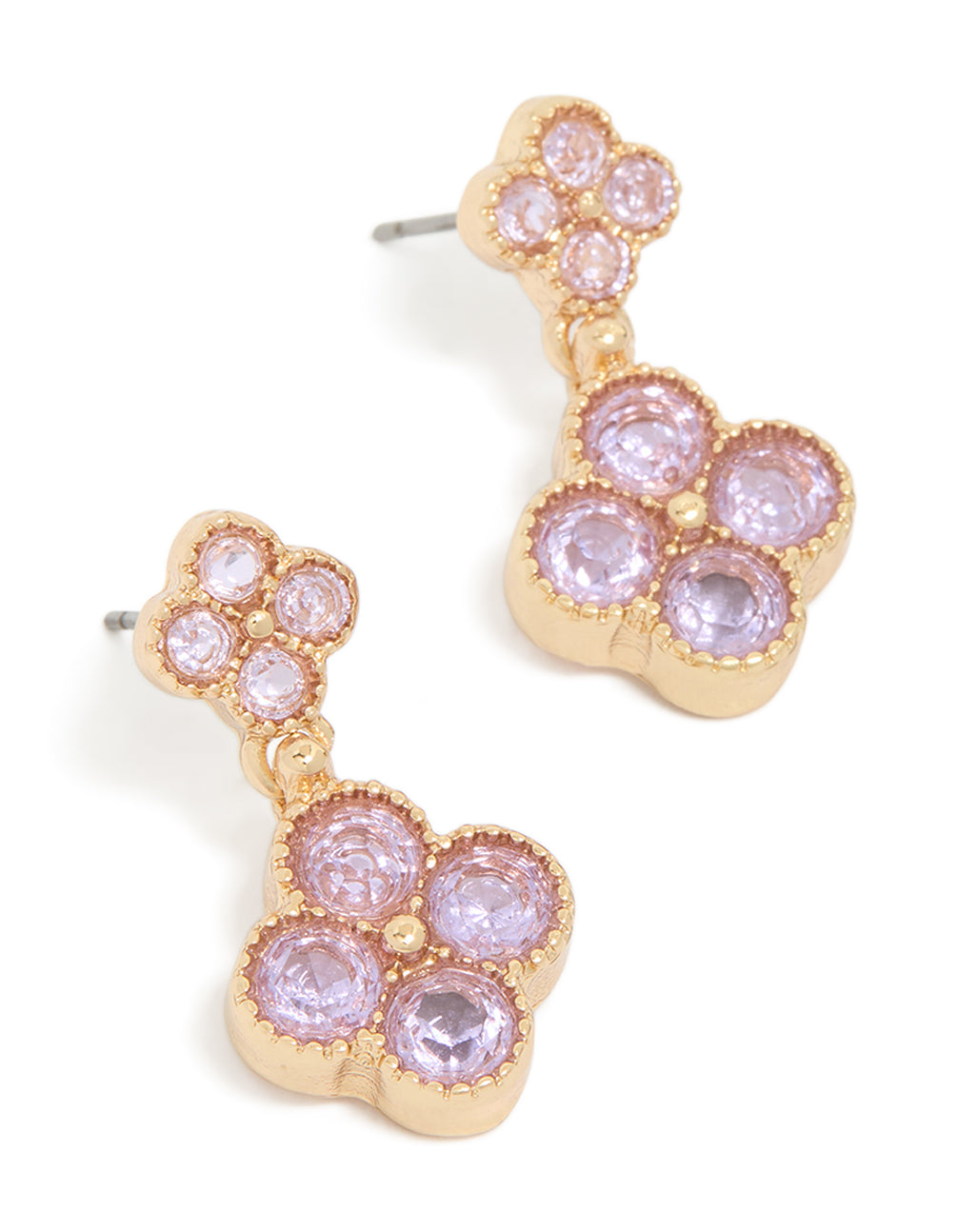 Showcasing gold pink cubic zirconia double flower drop earrings front view