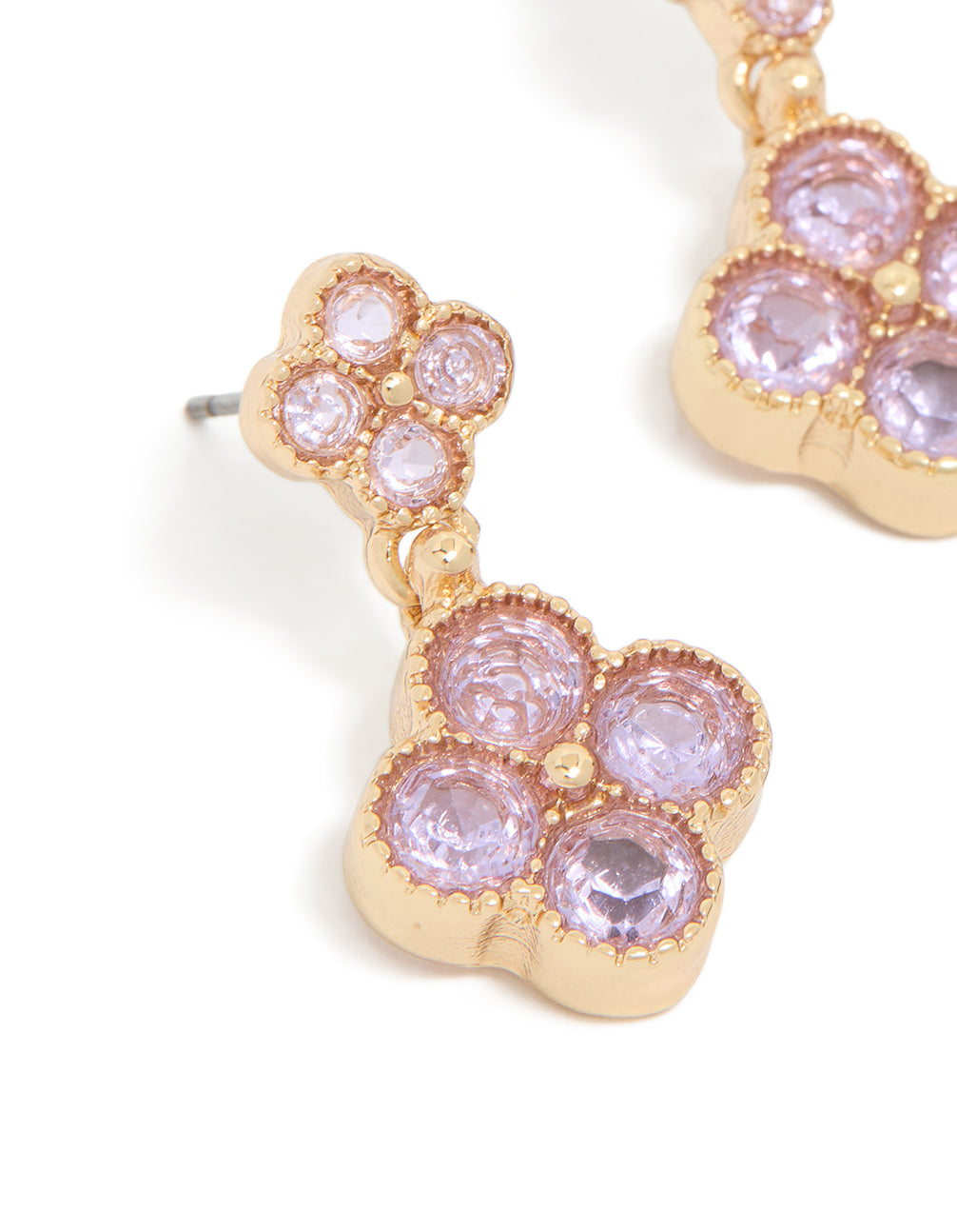 Highlighting gold pink cubic zirconia double flower drop earrings close up view