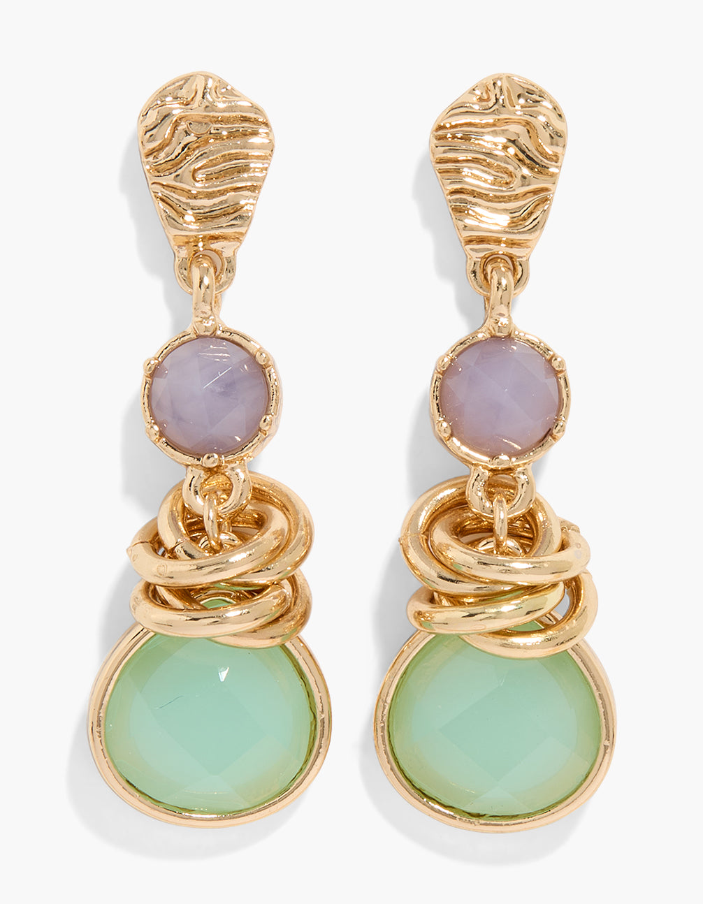 Showcasing statement drop earrings with gold knotted design featuring pink and green acrylic stones front view