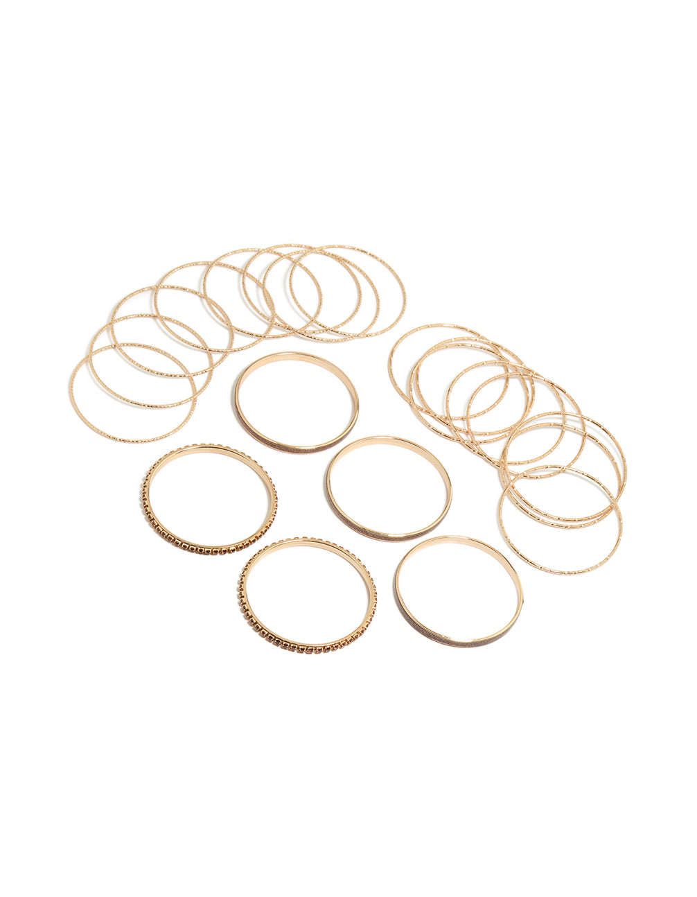 Explore this glitter cupchain and textured bangles 21-pack in gold front view