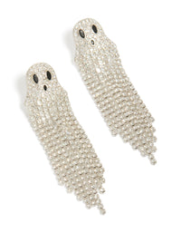 Showcasing silver diamante cupchain ghost drop earrings with tassel in statement style front view - link has visual effect only