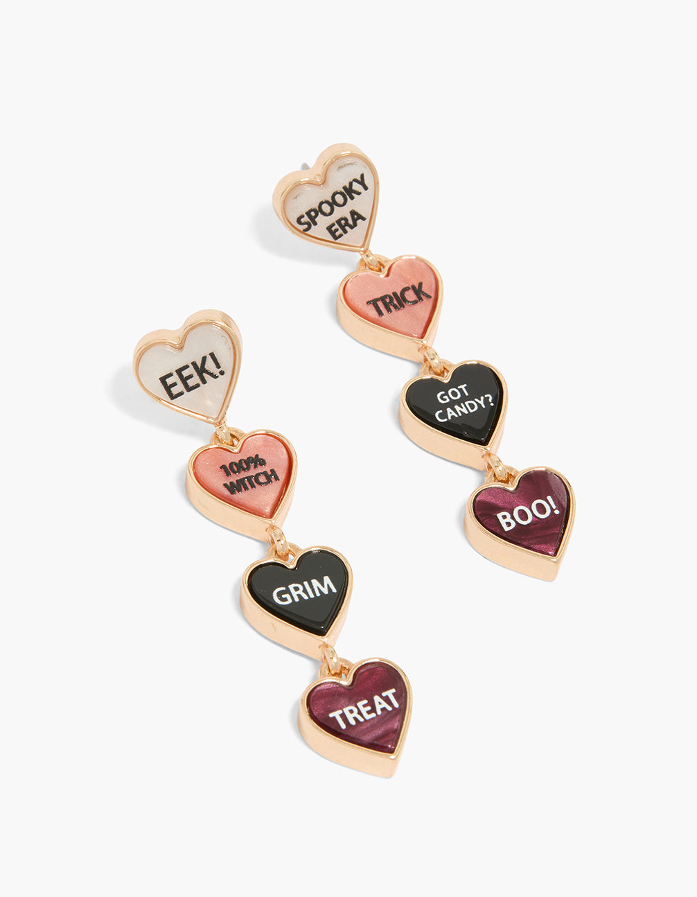 Showcasing gold boo and grim drop earrings featuring with heart shaped script elements in maroon, black, and light coral front view