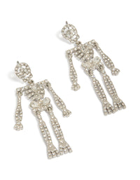 Displaying statement drop earrings with glam skeleton design in diamante embellished silver front view - link has visual effect only
