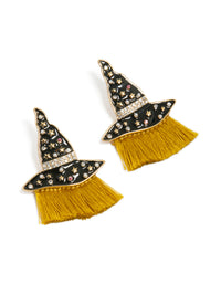 Beautifully crafted gold witch hat drop earrings featuring celestial star and tassel details front view - link has visual effect only