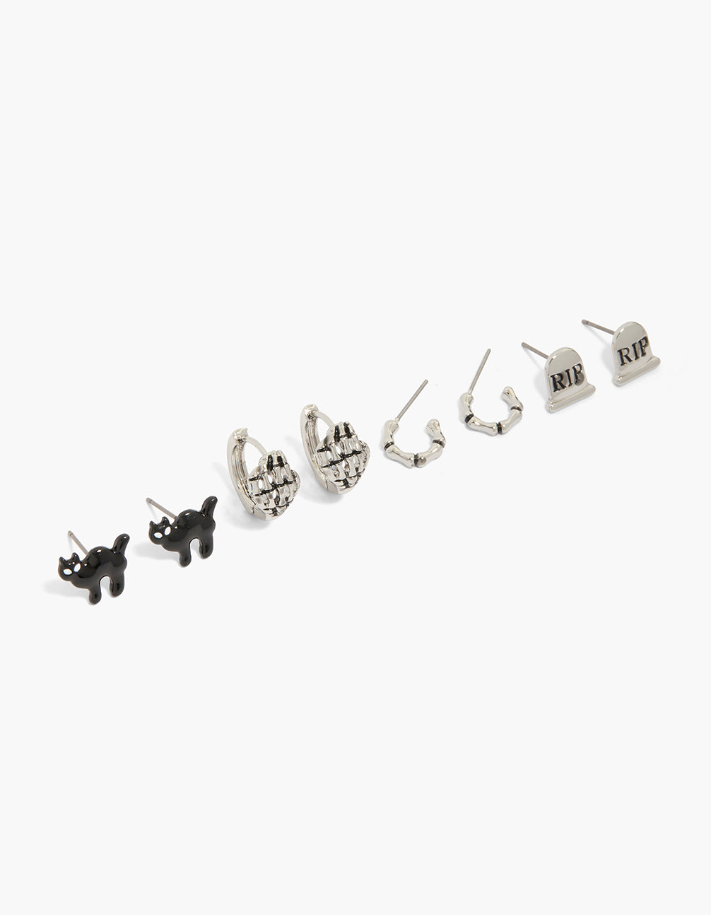 Showcasing antique silver graveyard earrings 4-pack featuring animal cat with script, stud and huggie closure in black front view