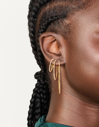 Featuring waterproof gold plated stainless steel extra thin hoop earrings in a 3-pack with closure and gold color on ear view - link has visual effect only