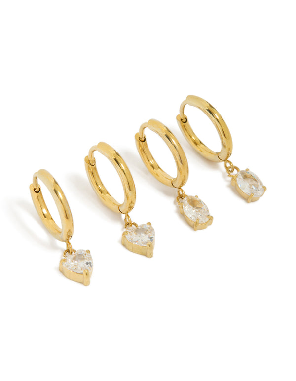 Showcasing waterproof huggie drop earrings in a 2-pack, crafted from gold plated stainless steel with heart features, cubic zirconia accents in clear front view
