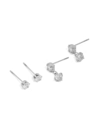 Discover waterproof stainless steel cubic zirconia round stud and drop earrings in a 2-pack featuring statement crystal design with silver and clear tones front view - link has visual effect only