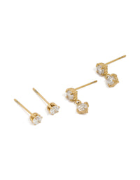 Showcasing waterproof gold plated stainless steel cubic zirconia round stud and drop earrings in a 2-pack with crystal features front view - link has visual effect only
