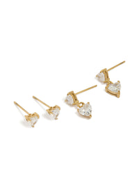 Introducing waterproof heart-shaped stud and drop earrings featuring gold plated stainless steel with cubic zirconia stones in a statement 2-pack front view - link has visual effect only