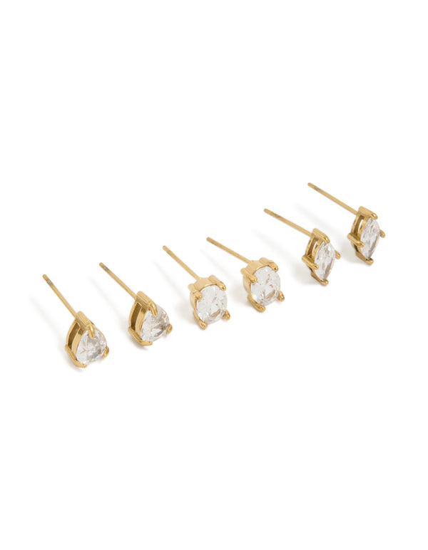 Discover waterproof gold plated stainless steel cubic zirconia classic stud earrings in a 3-pack featuring round, marquise, and pear stone cuts front view