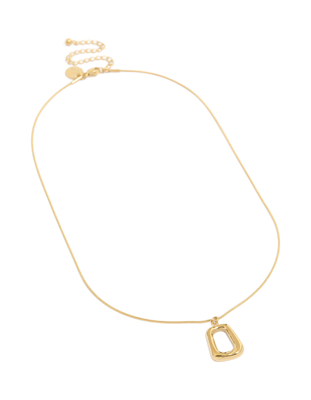 Discover this waterproof gold plated open rectangle pendant necklace with stainless steel front view