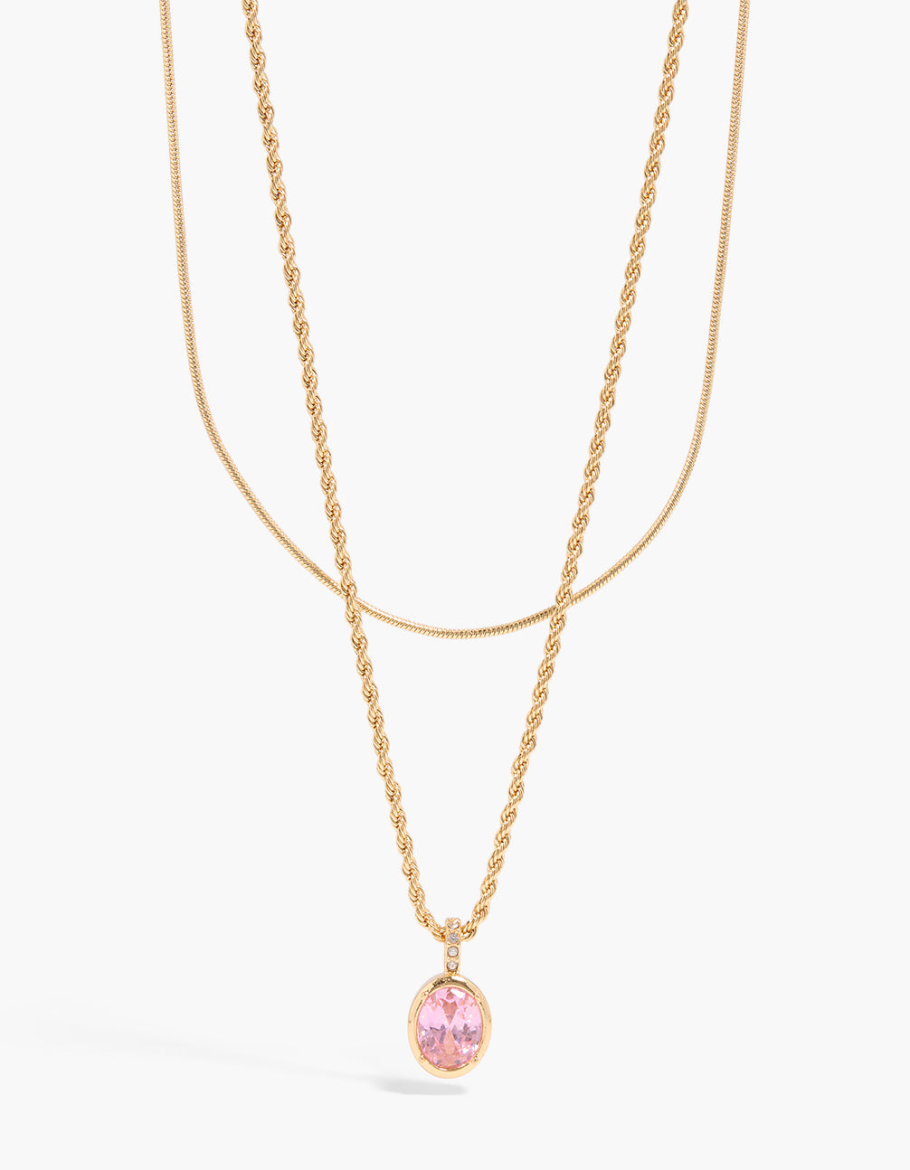 Waterproof Gold Plated Stainless Steel Pink Cubic Zirconia & Twisted Chain Layered  Necklace