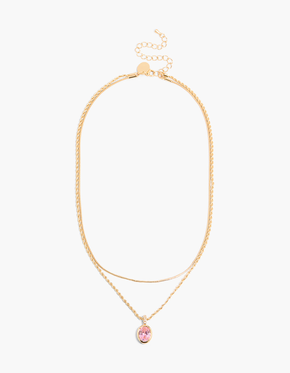 Waterproof Gold Plated Stainless Steel Pink Cubic Zirconia & Twisted Chain Layered  Necklace