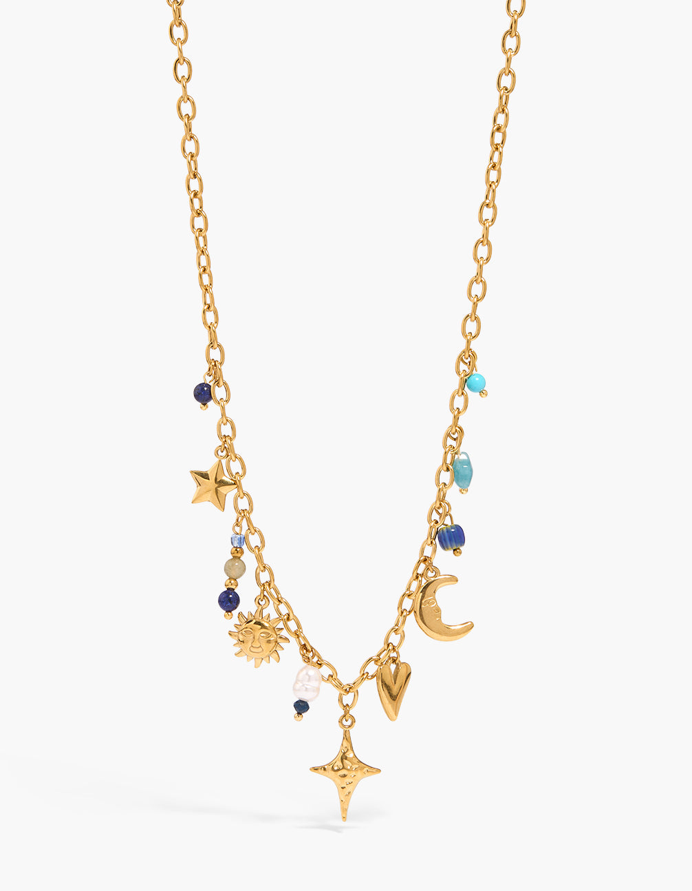 Waterproof Gold Plated Stainless Steel Celestial Beaded Charm Necklace
