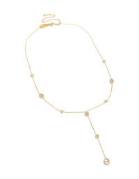 Crafted from waterproof gold plated stainless steel, this cubic zirconia charm Y-necklace with oval stone front view - link has visual effect only