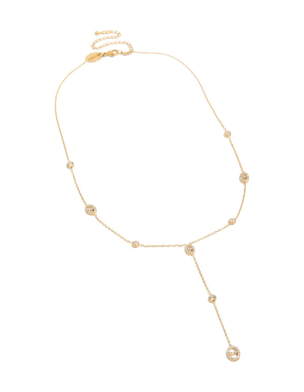 Crafted from waterproof gold plated stainless steel, this cubic zirconia charm Y-necklace with oval stone front view
