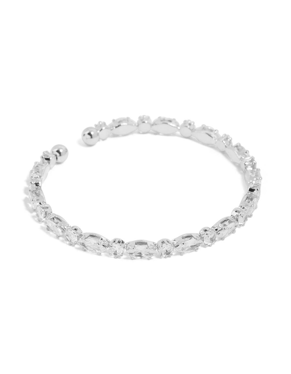 Elegant waterproof stainless steel wrist cuff bracelet featuring marquise and round cubic zirconia in silver and clear tones front view