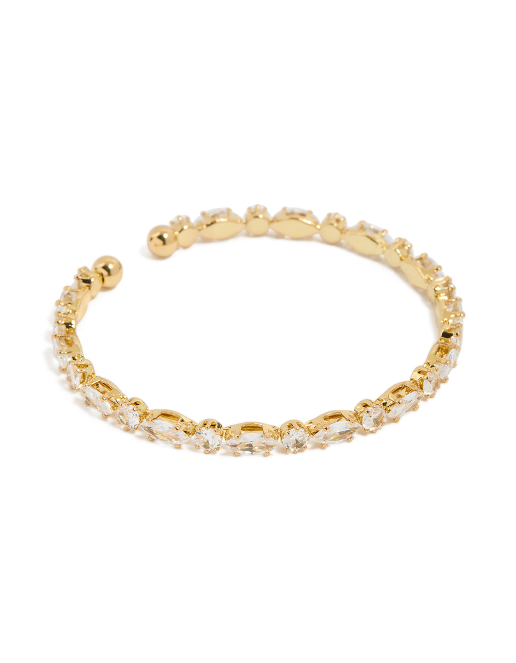 Beautifully designed waterproof wrist cuff with marquise and round cubic zirconia in gold plated stainless steel front view