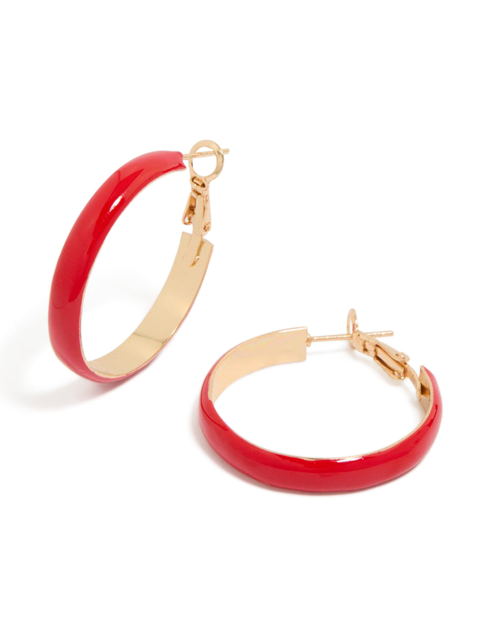 Showcasing simple hoop earrings crafted from red enamel with gold closure in front view