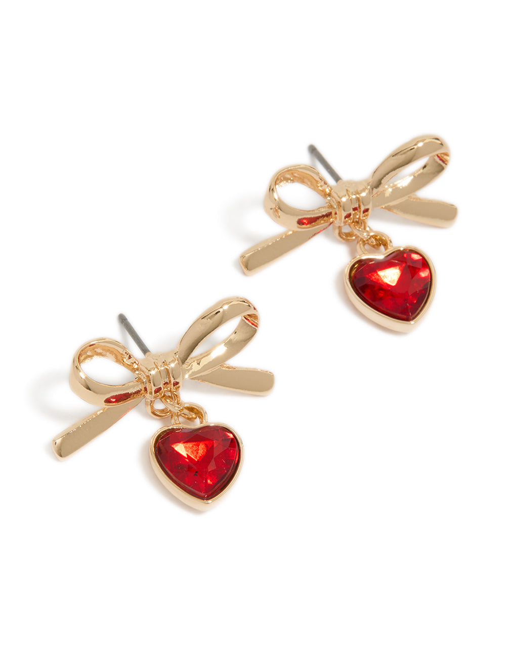 Showcasing gold bow and red diamante heart drop earrings front view