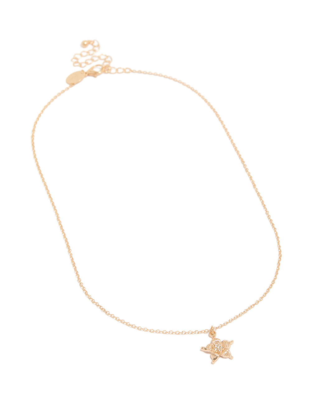 Displaying a dainty gold cubic zirconia pendant necklace featuring floral design front view