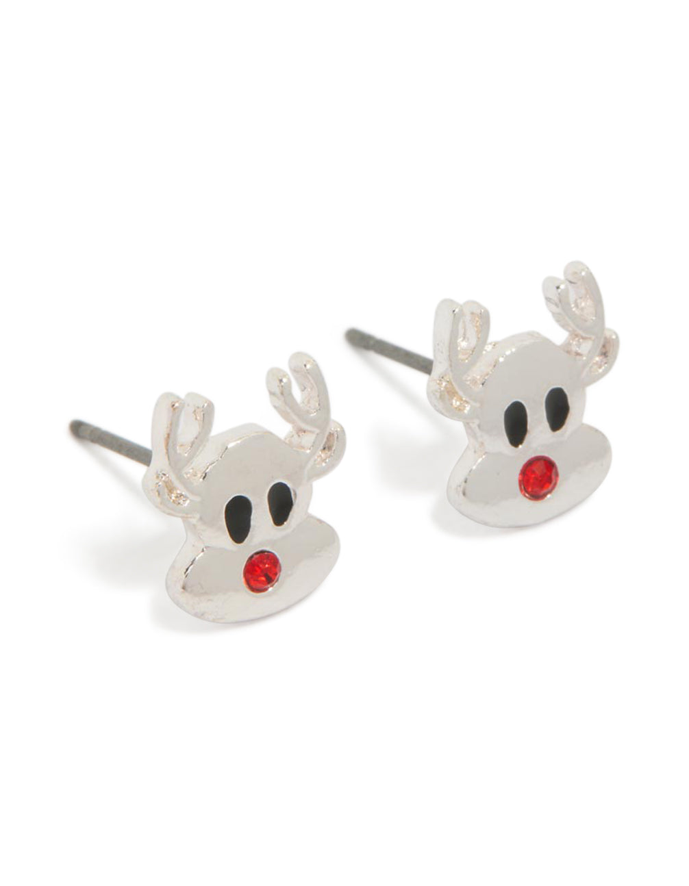 Showcasing chunky animal reindeer stud earrings with red nose detailing in silver front view