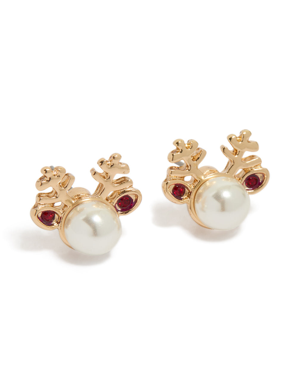 Showcasing gold pearl reindeer stud earrings with pearl and crimson accents front view