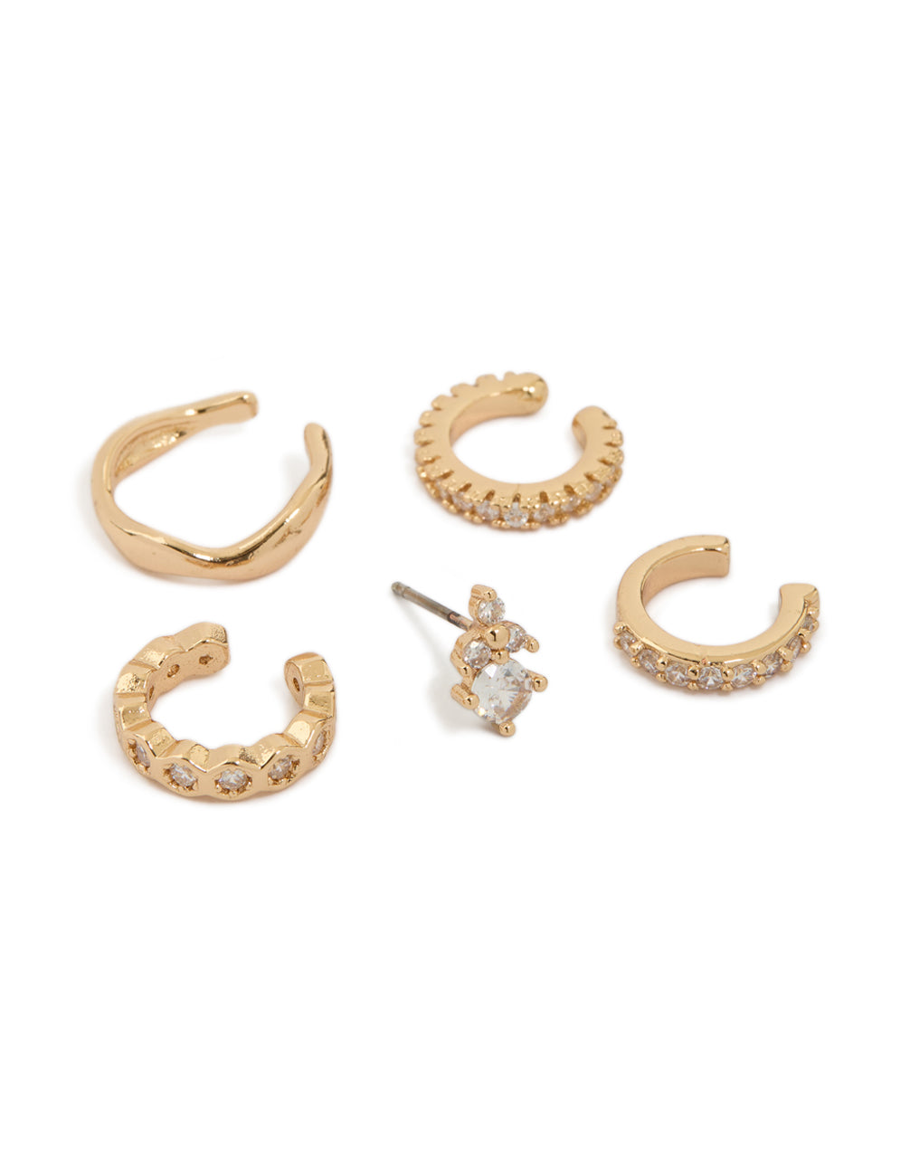 Showcasing a gold cubic zirconia classic stud and ear cuffs in a 5-pack front view