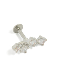Showcasing a surgical steel wave crawler single flat back stud featuring cubic zirconia in silver and clear front view - link has visual effect only