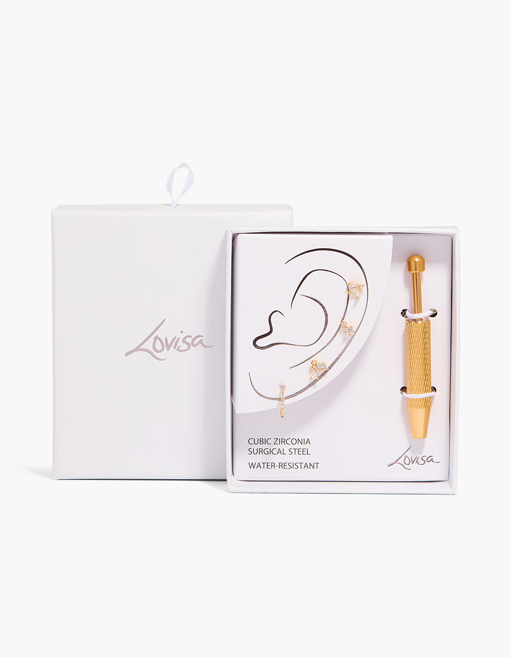 Featuring floral stud earrings with cubic zirconia in gold plated surgical steel, designed with flat back closure and installation tool close up view