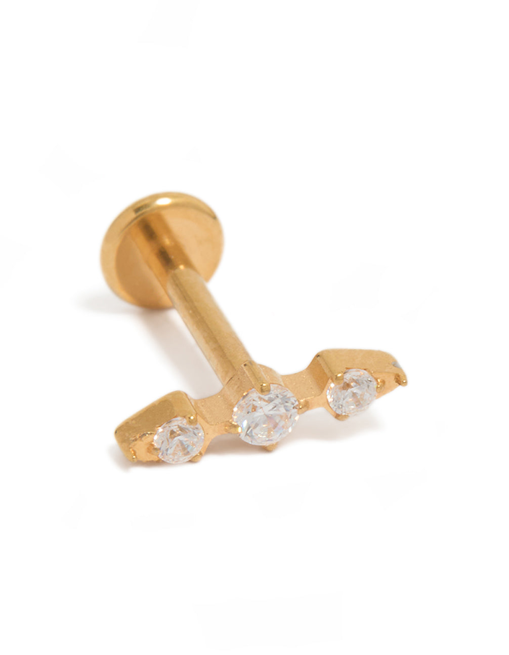 Introducing a bar crawler earring crafted from surgical steel with cubic zirconia and flat back closure in gold front view