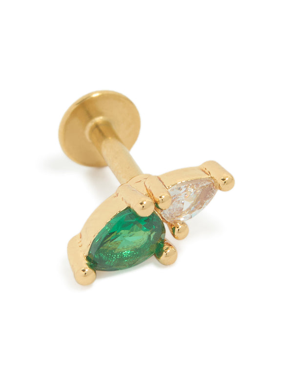 Showcasing a dainty stud earring crafted from surgical steel with cubic zirconia crystals in green and clear, set in a gold plated finish and flat back closure front view
