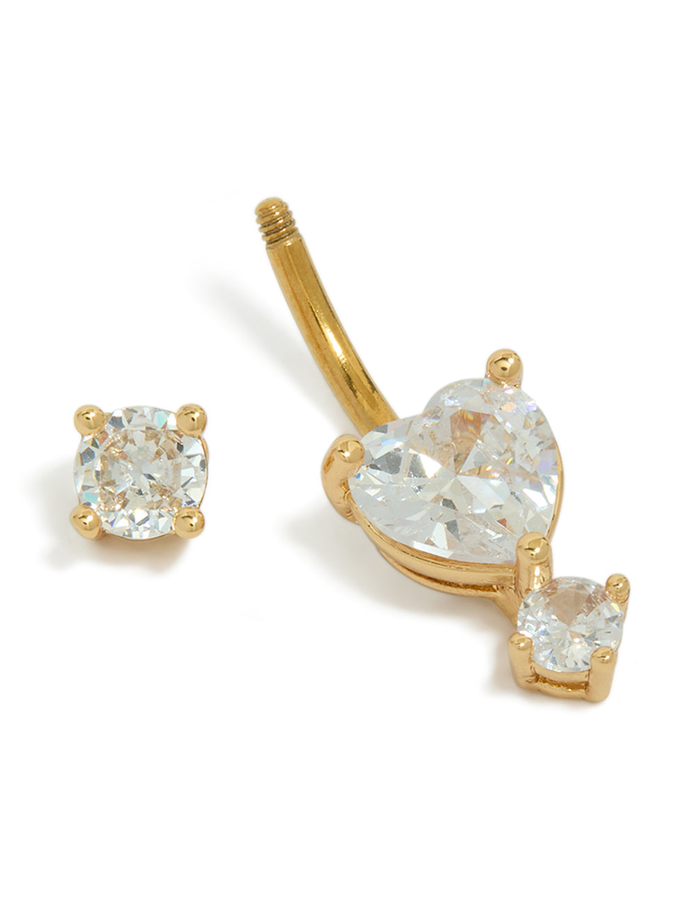 Featuring a heart diamond belly bar in gold plated surgical steel with cubic zirconia and clear accents detail view