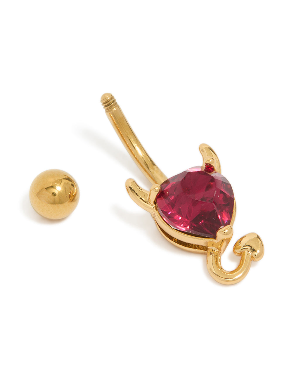 Designed with surgical steel heart motif in crimson cubic zirconia crystal belly bar detail view