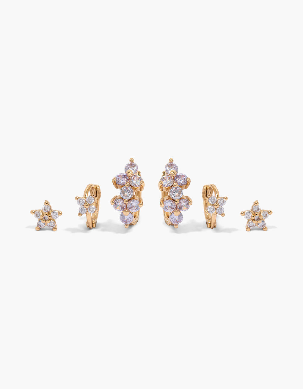Showcasing floral cubic zirconia stud and huggie earrings in a 3-pack with lavender clear stones front view