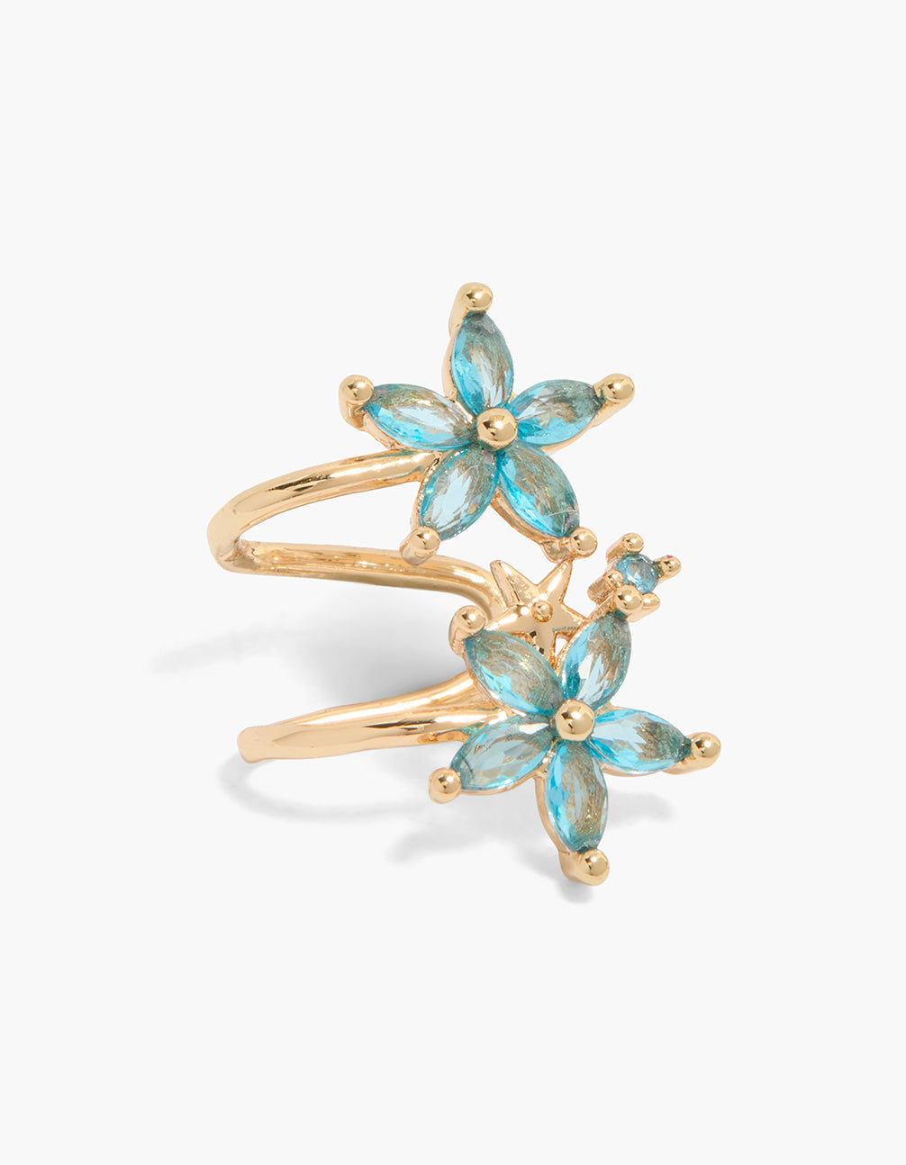 Showcasing a gold blue cubic zirconia floral design ear cuff front view