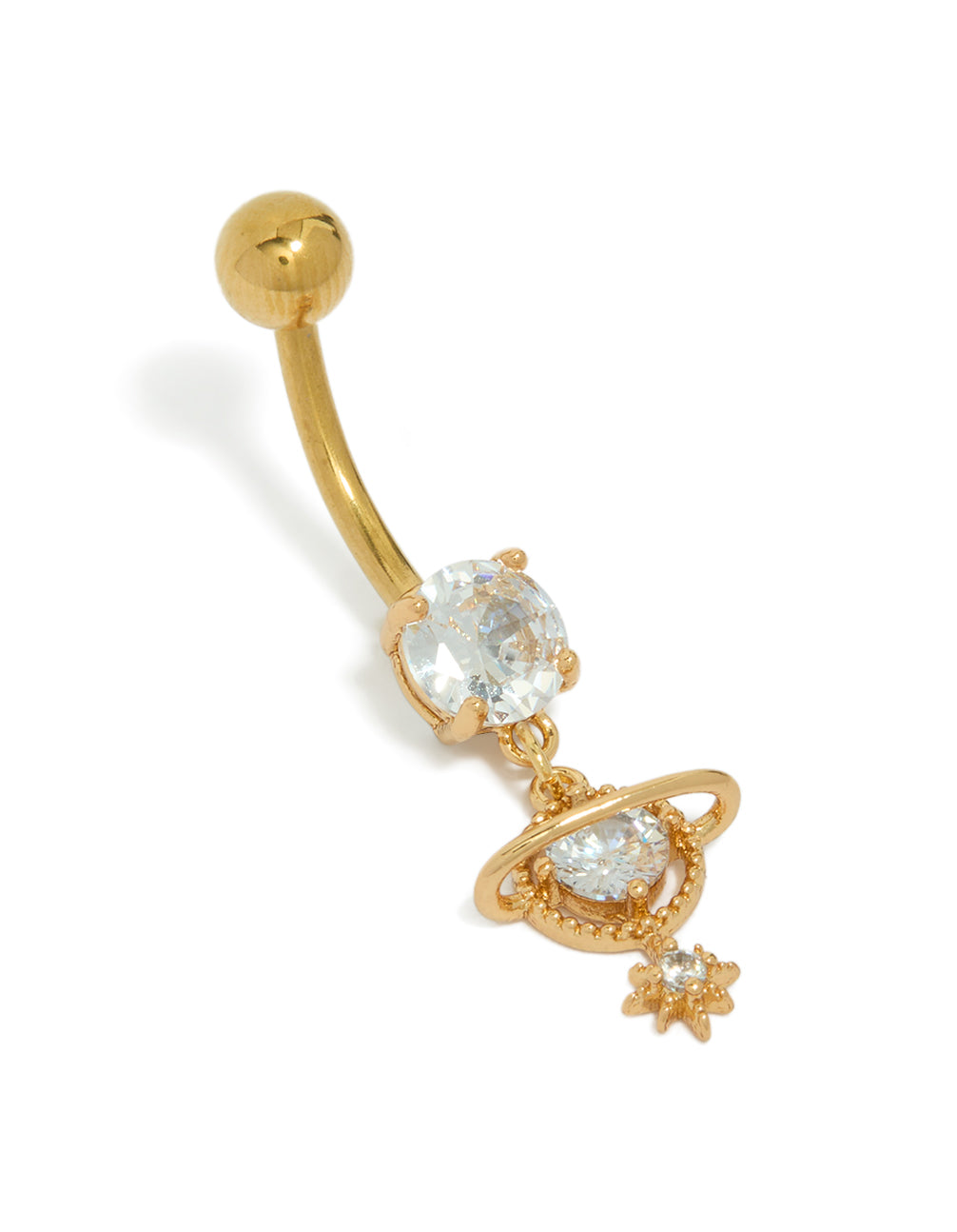 Showcasing a celestial charm belly bar crafted from gold plated titanium and featuring cubic zirconia in clear front view