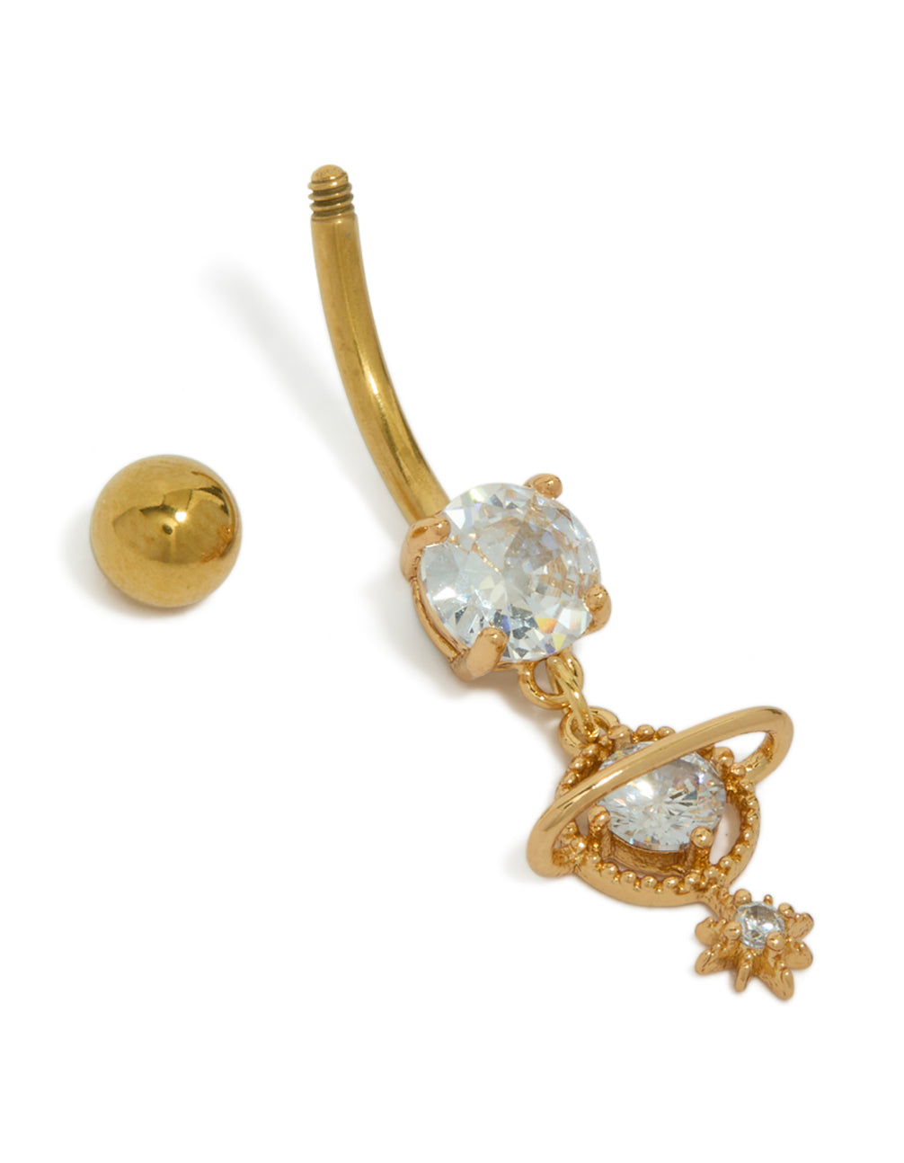 Showcasing a celestial charm belly bar crafted from gold plated titanium and featuring cubic zirconia in clear front view