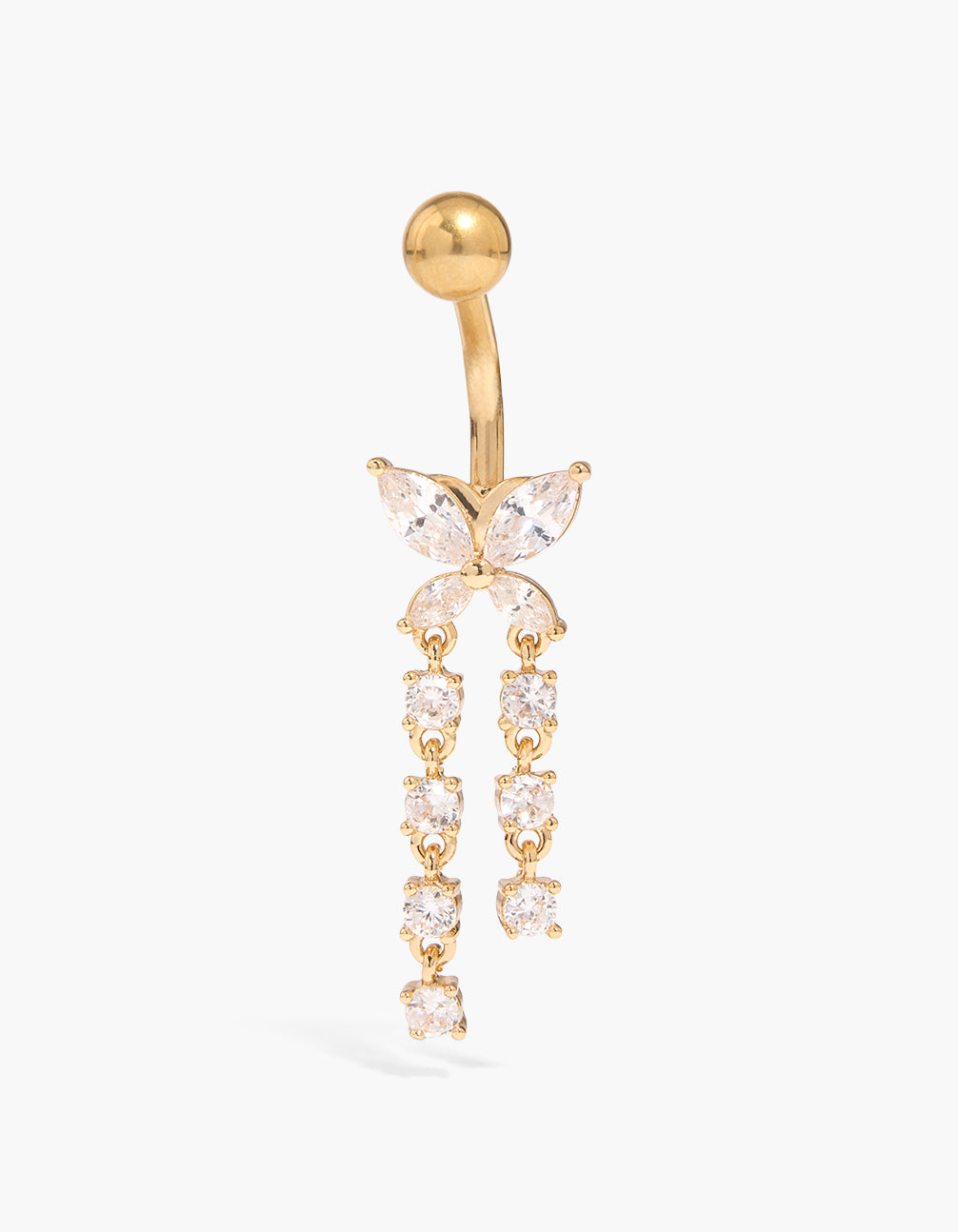 Showcasing a butterfly charm belly bar crafted from titanium and cubic zirconia in gold plated finish front view