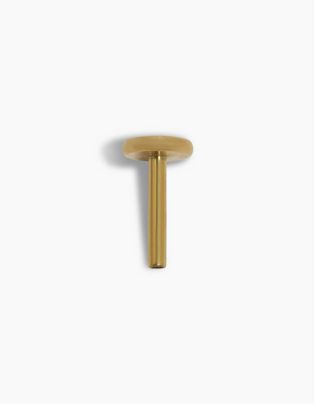 Featuring a gold plated titanium letter T single threadless flat back stud with initials post detail view